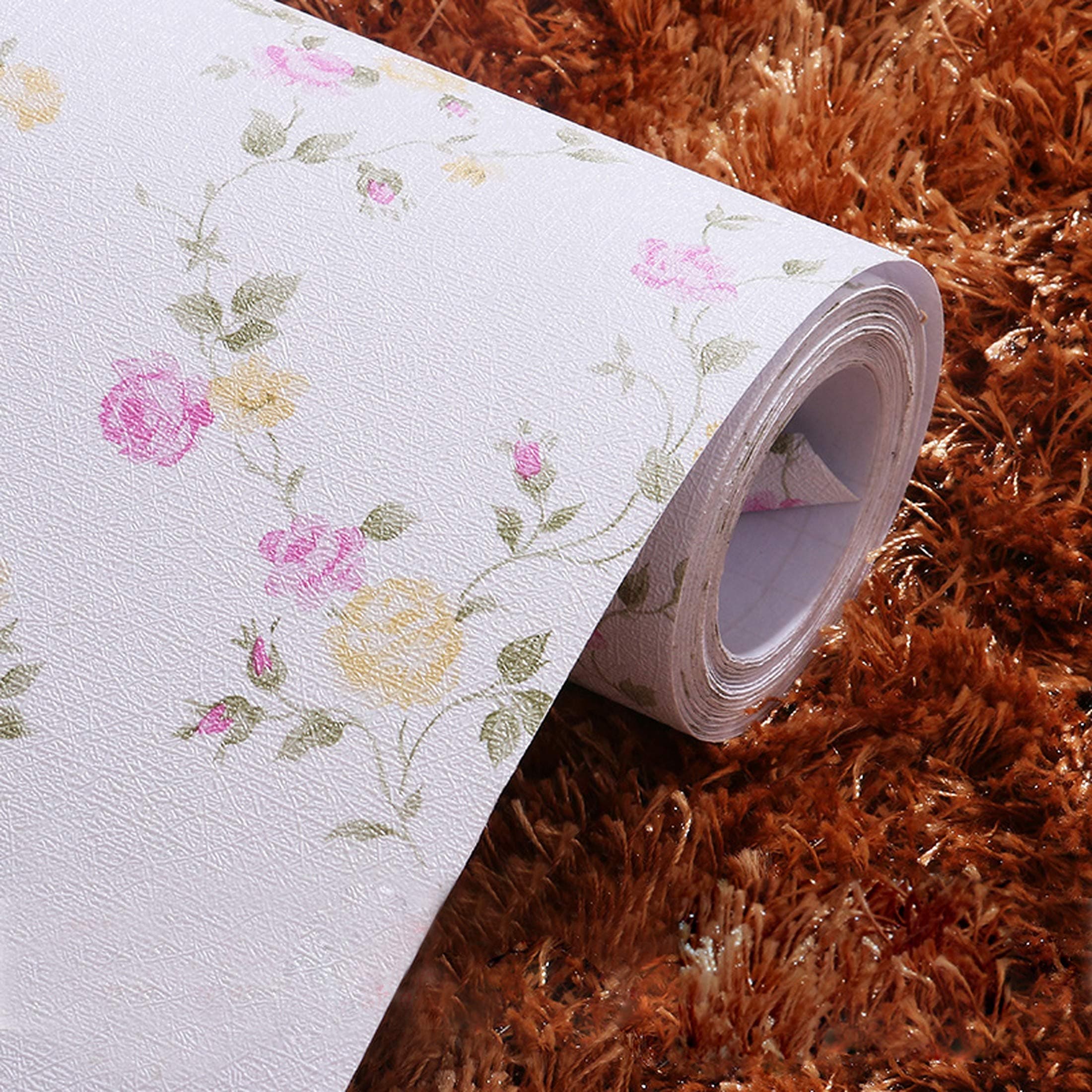 wolpin DIY Roses Floral Wallpaper (45 x 500 CM, White) | Self Adhesive PVC Wall Sticker Roll | DIY Floral Bouquet Décor for Bedroom Kids Room Baby Room | Easy Peel & Stick Home Decoration