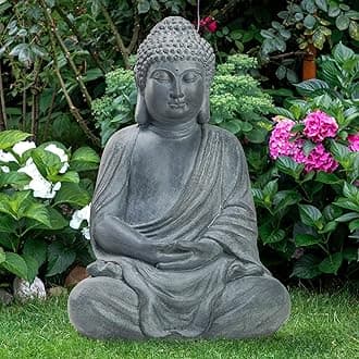 Outdoor Buddha Large Statue Meditative Asian Zen Indoor 20” High Medium Yard Decor Magnesium Oxide Stone for Yard Garden Patio Deck Home, Dark Grey