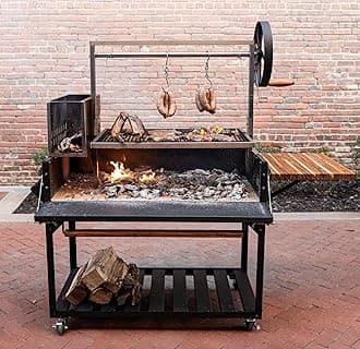 Argentine Santa Maria Wood Fire & Charcoal BBQ Grill with Brasero, Adjustable Grill Grates, Fire Bricks, Heavy-Duty Steel, S-Hooks, Acacia Wood Table for Outdoor Gaucho Grilling