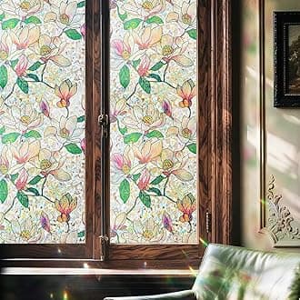 Window Privacy Film, Stained Glass Decorative Static Cling, Removable Laser Sun Blocking Vinyl Covering,Window Film for Home Kitchen Living Room, Pink Magnolia, 35.43" x 78.7"