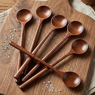 Patelai 6 Pcs 11 Inch Wood Long Spoons Wooden Long Handle Round Scoops Korean Style Soup Spoons for Soup Cooking Mixing Stirring Kitchen Tools Utensils(Brown)