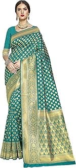 Women's Woven Pure Soft Kanjivaram Silk Saree Banarasi Style With Blouse Piece for Wedding, Teal Green, One size