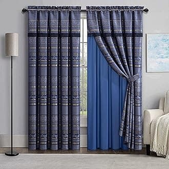 Chezmoi Collection Caesar 4-Piece Blue Gold Floral Geometric Jacquard Patchwork Curtain/Drape Set Sheer Backing, Tiebacks, Valance