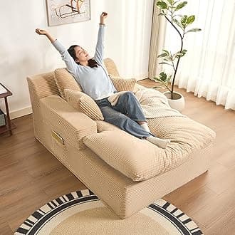 63" Chaise Lounge Chair Indoor, Set of Convertible Sleeper Sofa Couch with Throw Pillows & Side Pockets, Corduroy Upholstered Oversized Sofa Bed with Armrests for Living Room Bedroom, Camel