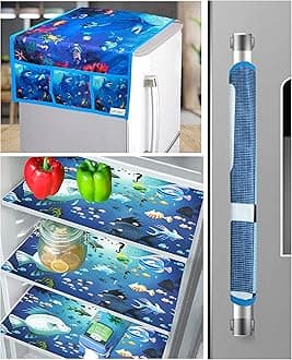 Crosmo Heavy Quality Automatic Refrigerator Cover 1Pc Fridge Cover for Top With 6 Utility Pockets + 1 Handle Cover + 3 Fridge Mats, Blue