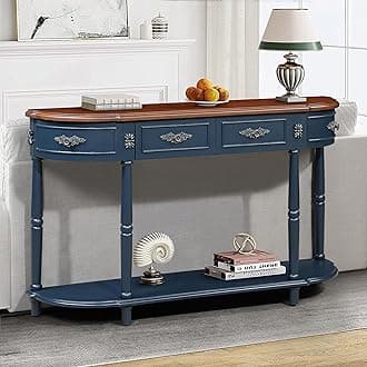 Knocbel 52in Sofa Console Table with 2 Storage Drawers and Bottom Slatted Shelf, Entry Hallway Foyer Long Retro Curved Table with Legs, 13" D x 52" W x 32" H Navy Blue