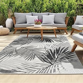 homeart Outdoor Rug - Easy-Clean, Durable, Stain-Resistant, Weather & UV Resistant Indoor & Outdoor Rugs for Porch, Deck, Balcony, Garden, Picnic and Patio | Palm Black, Grey - 200x290cm