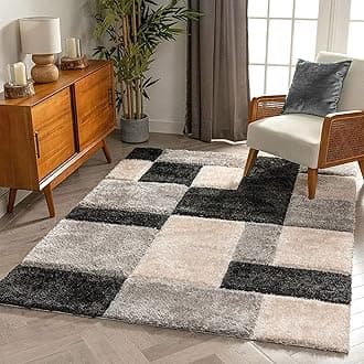 Modern Geometric 3D Textured Thick and Soft Shaggy Fur Rug & Carpets (7x7 Feet - Square Shape, Color - Multicolour/Black)