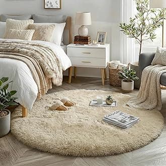 Beige Round Carpet, Fluffy Circle Rug 4'X4' for Kids & Teen's Room, Furry Shaggy Throw Rug for Nursery & Dorm, Cute Room Decor for Baby