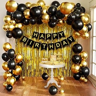 Party Propz Happy Birthday Decoration Kit - 46 Pcs Black and Gold Balloons for Birthday Decoration Kit for Husband, golden Foil Curtain, Black and Gold Banner (Cardstock)