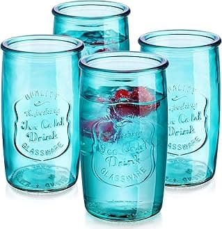 Glaver's Highball Glasses Set of 4 – 20oz Artistic Ice-Cold Pretty Blue – Vintage Glassware with Embossed Logo – Beverage Drinking Glasses for Water, Juice, Cocktails. Hand Wash.