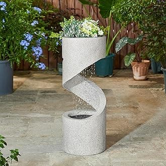 Glitzhome Outdoor Water Fountain with LED Light, Decorative Tiered Curved Waterfall Fountain with Stone Planter, Faux Terrazzo Spiral Shaped Outdoor Fountains for Garden Deck Patio Porch, 31.25”H