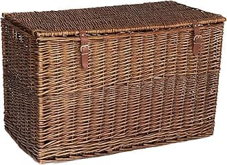 Arthur Cameron - Lightweight Wicker Storage Trunk, Storage Box with Lid & Leather Straps - Woven Chest, Basket, Large Wicker Basket with Lid (Distilled Brown, Extra Large)
