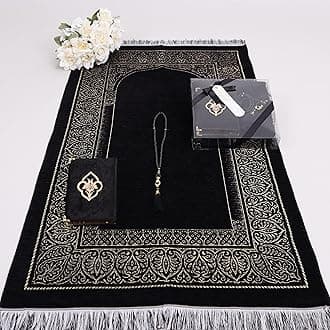 Islamic Elite Favors Personalized Prayer Rug Prayer Beads Quran Gift Set, Chenille Prayer Rug Pearl Prayer Beads Velvet Full Arabic Quran, Ramadan Eid Wedding Birthday Graduation (Black)