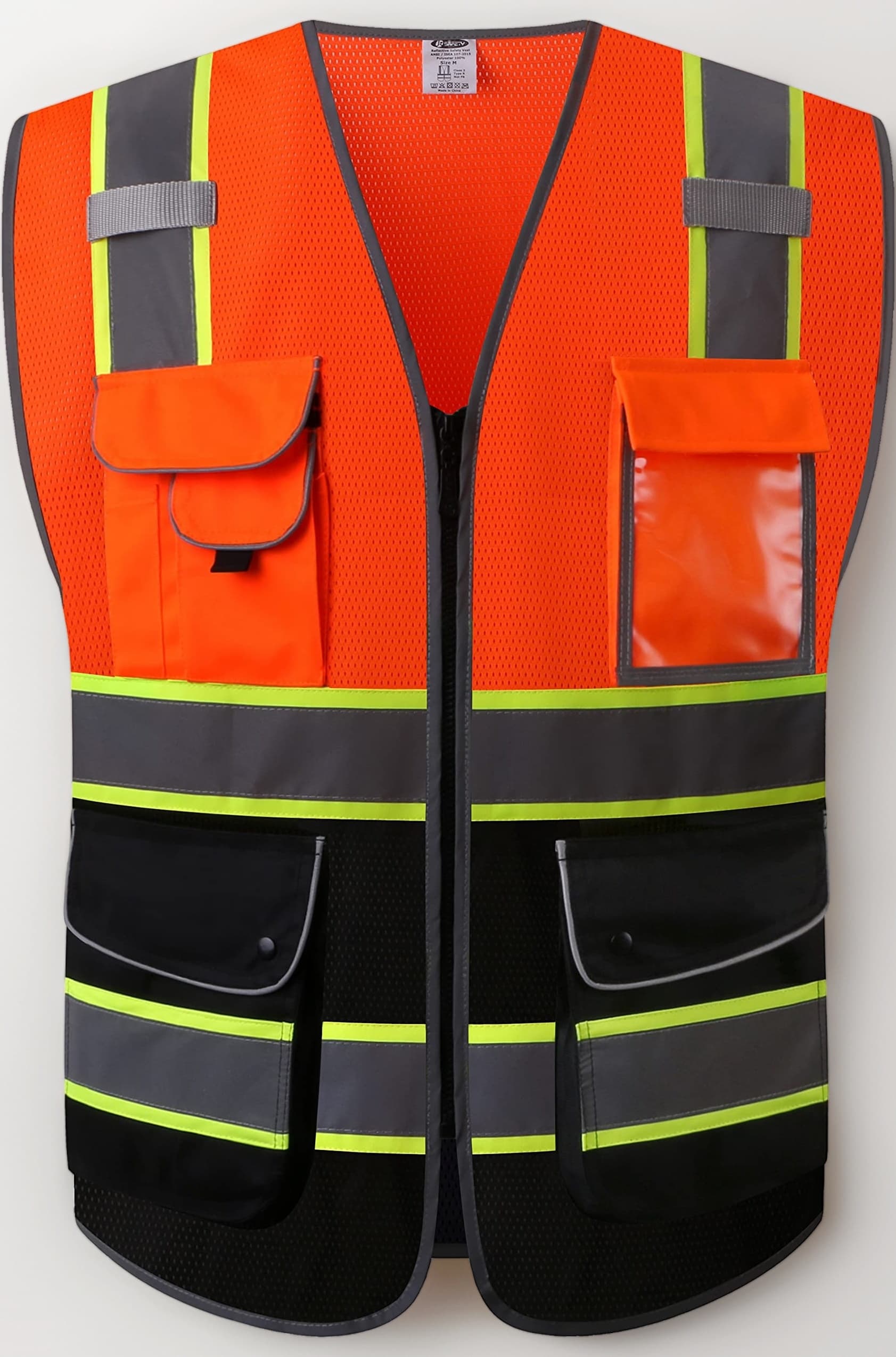 JKSafety 9 Pockets Class 2 High Visibility Zipper Front Safety Vest With Reflective Strips,Meets ANSI/ISEA Standards