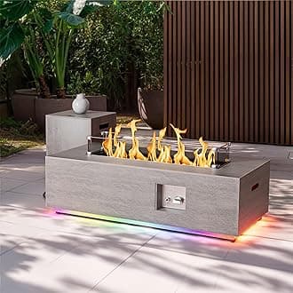 42" Propane Fire Pit Table with RGB LED Light 50,000 BTU Outdoor Patio Firepit Includes Wind Guard, Lid, Rocks & Cover - Back Yard Fire Pit - Chimenea de Gas (Gray/RGB Light, 42" LED)