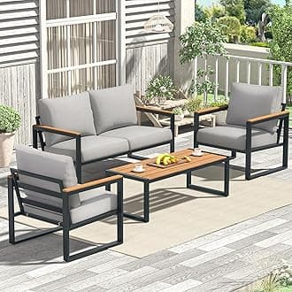 Patio Furniture Set, 4 Pieces Outdoor Patio Furniture with Coffee Table Set, Metal Patio Conversation Sets with Washable and High-Resiliency Sponge Cushions, Upgarded Light Grey