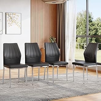 Dining Chairs Set for 4, Modern Dining Room Chair Set of 4,Black Faux Leather Upholstered Dining Chairs Set of 4 with Chrome Silver Legs, Sillas De Comedor Chair for Dining,Kitchen,Living