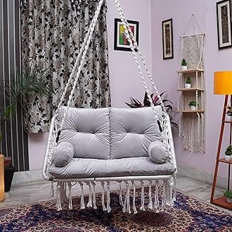 Patiofy Double Seater Swing Chair for Adults - Home/Balcony Jhula With Large Grey Full Body Sitting Cushion (White)