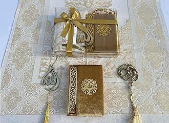 SAIKA Prayer Rug Set with Thanks Card, Full Arabic Quran Prayer Rug, Beads and Car Hanger Set,Ramadan Eid Wedding Birthday Graduation Mother's Day (Gold)