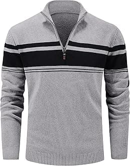 MAGCOMSEN Men's Sweaters 1/4 Zip Up Casual Striped Pullover Polo Sweaters Fall Winter Sweatshirts, Clothing Clothes for Men, Light Grey, M