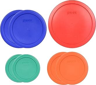 Pyrex (1) 7402-PC 6/7 Cup Red (2) 7201-PC 4 Cup Cobalt Blue (2) 7200-PC 2 Cup Orange (2) 7202-PC 1 Cup Green Food Storage Lids - 7 Pack