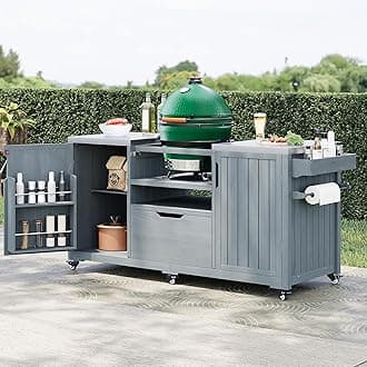 Outdoor Kitchen Island for Big Green Egg Grills, Wood Outdoor Grill Cart Compatible with Large Big Green Eggfor Tabletop Grill with Stainless Steel Top and Drawer (Grey Blue)