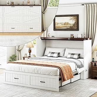 Queen Size Multi-Functional Murphy Cabinet Bed with Charging Station, Farmhouse Queen Size Bed Frame with Drawer, Hidden Folding Murphy Bed Chest for Bedroom, Rustic White