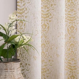 Gold Yellow Semi Sheer Curtains 108 Inches Long for Living Room 2 Panel Set Damask Pattern Jacquard Luxury Drapes for Bedroom,52x108 Inch Length