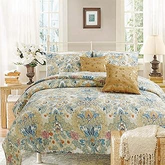 Cozy Line Home Fashions Luxury Classic Bedding Quilt Set, 100% Cotton Beige Blue Floral Pink Flower Bohemian Style Reversible Bedspread Coverlet (Art Painting, Queen - 3 Piece)
