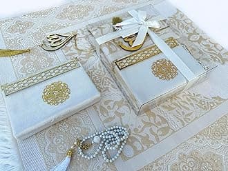 SAIKA Prayer Rug Set with Thanks Card, Full Arabic Quran Prayer Rug, Beads and Car Hanger Set,Ramadan Eid Wedding Birthday Graduation Mother's Day (Cream)
