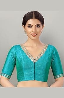 Studio Shringaar Women's Readymade Silky Saree Blouse Elbow Length Sleeves With Embroidered Neckline Choli