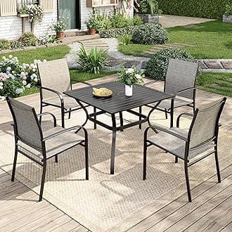 5 Pieces Patio Table and Chairs Set, 4 Person Outdoor Dining Furniture Set, 4 Brown Textilene Chairs and 37" Square Metal Table with Umbrella Hole, for Deck Backyard Lawn