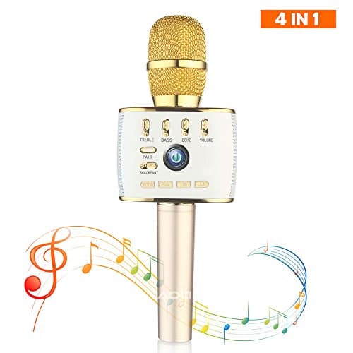 AOCI Wireless Microphone Karaoke Pro 4 IN 1 Record Pair Loudspeaker box Bluetooth Aluminium Alloy Karaoke Machine KTV for Apple iPhone Android Smartphone or Pc 2200mA (Light Gold)