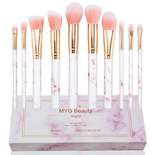 Vienla Pink Make Up Brushes Professional 10pcs Marble Pattern Makeup Brushes Set Foundation Blush Powder Eyeshadow Blending Brushes Cosmetic Brush Kit With Box (Pink)