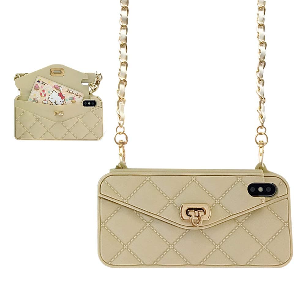 UnnFiko Wallet Case Compatible with iPhone 7 Plus/iPhone 8 Plus, Pretty Hand Bag Design, Purse Flip Card Pouch Cover Soft Silicone Case with Long Shoulder Strap (Khaki, iPhone 7 Plus / 8 Plus)