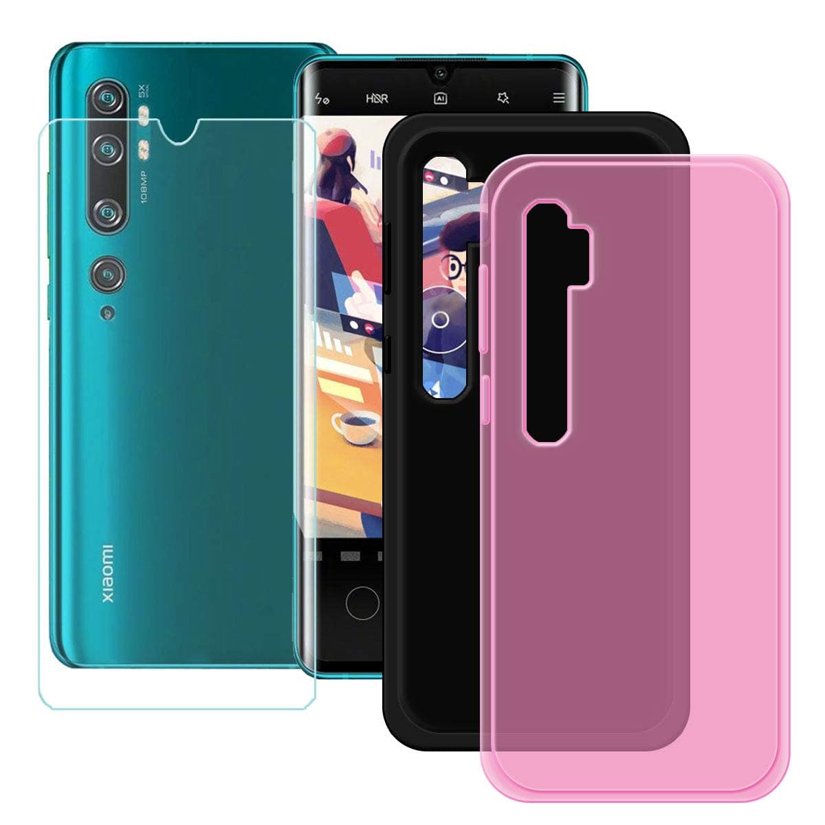 YZKJ 2 Pack Case for Xiaomi Mi Note 10 Pro Cover + Screen Protector Tempered Glass Protective Film - Flexible Soft Gel Pink + Black TPU Silicone Protection Case for (6.47")