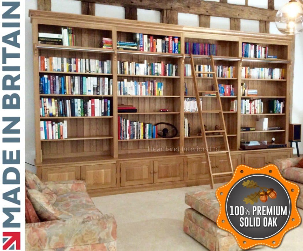 Traditional Solid Oak 8ft x 14ft Library Bookcase with Ladder & Cupboards, Heartland Oak Range (BKL-THP)