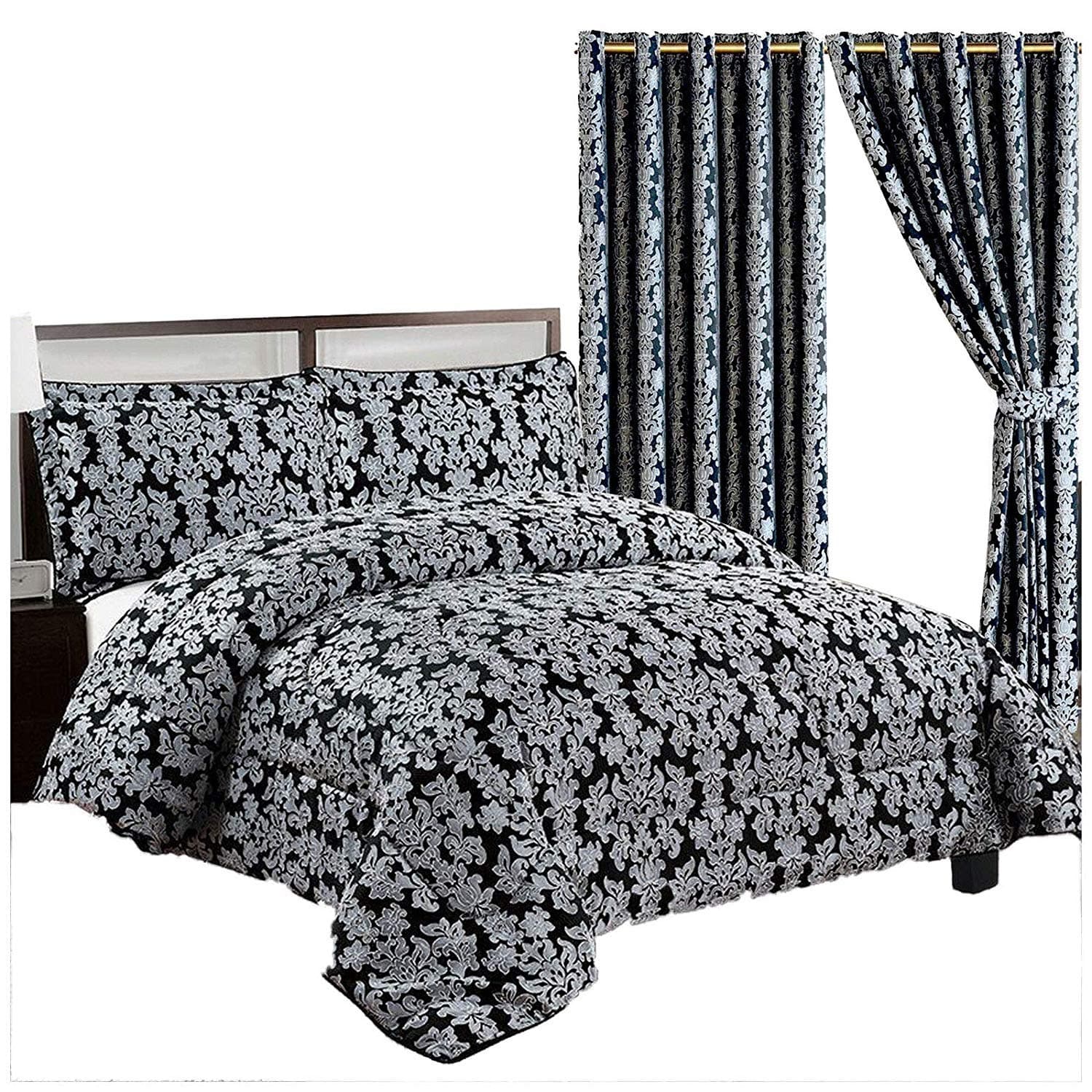 Super Luxury 3pc Jacquard Quilted Bedspread Comforter Throw Set (Super King, Diana Black)