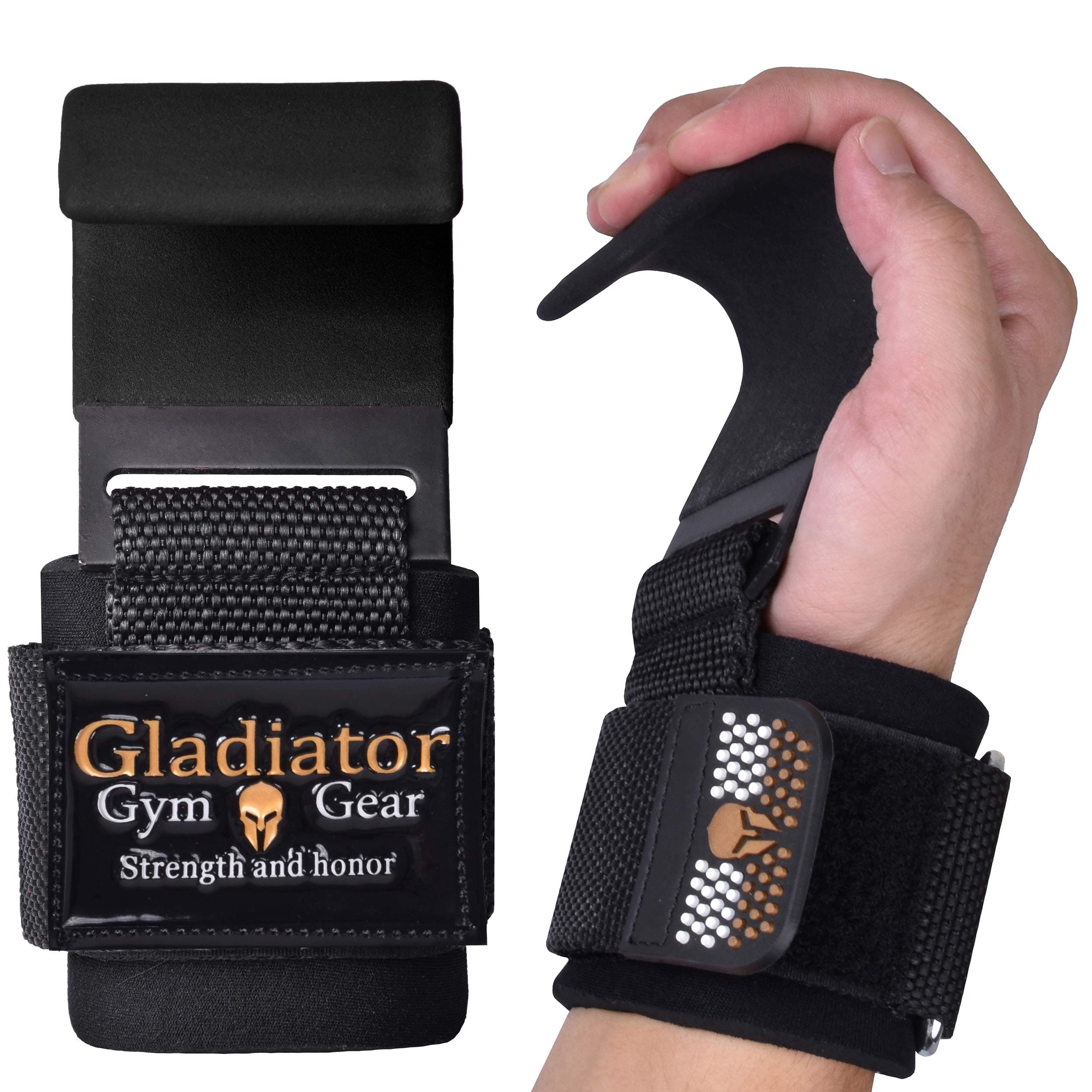 LIFTING HOOKS with thick padded adjustable neoprene wrist wrap support. Non-slip heavy duty coated steel POWER WEIGHT LIFTING HOOKS. WEIGHTLIFTING HOOKS for bodybuilding crosstraining both men & women