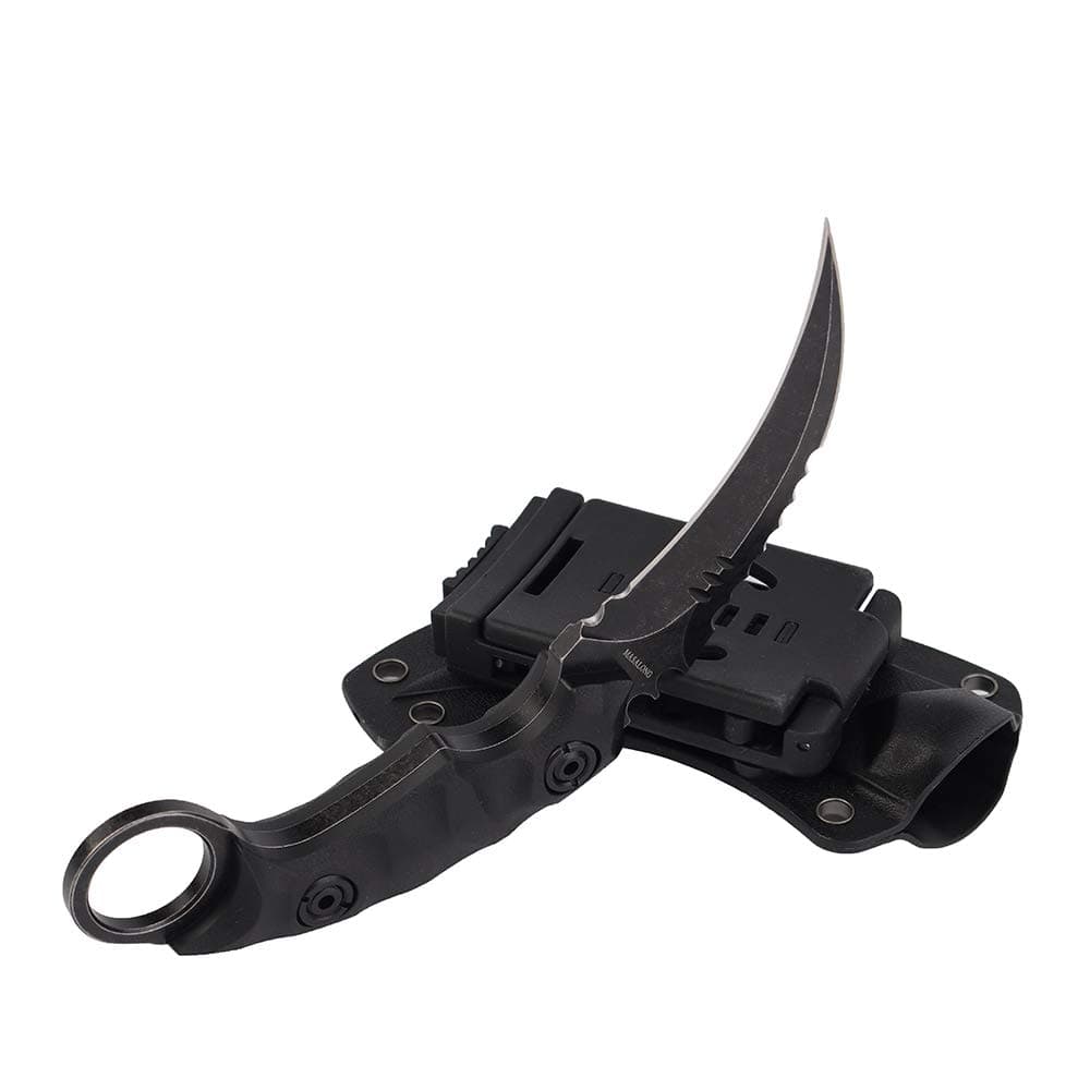 Outdoor Survival claw Tactical teeth Knife Double edged sharp Fixed Blade Knife With Sheath (5CR Black Stone wash Black handle)