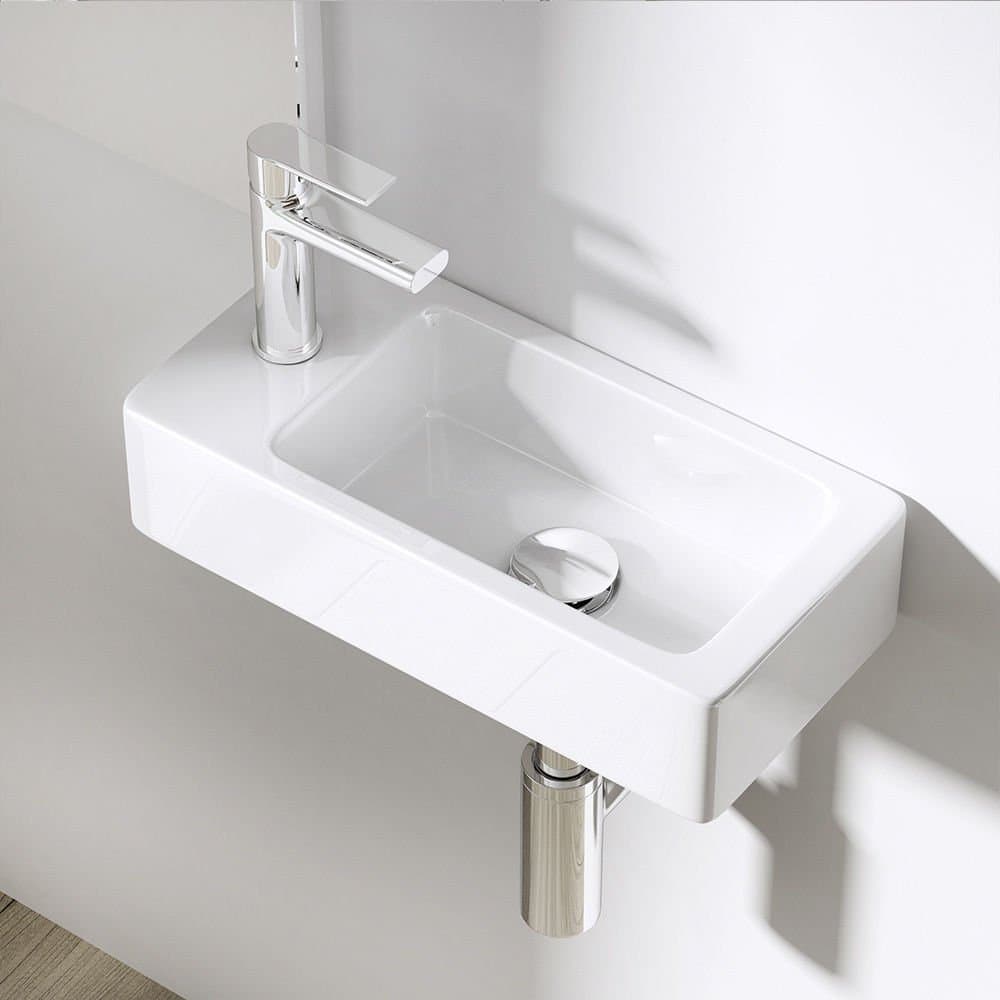 Cloakroom Basin 370mm – Small Rectangular Ceramic Bathroom Sink – Wall Hung Mini Wash Basin for Cloakroom or Small Bathroom– Left Tap Hole