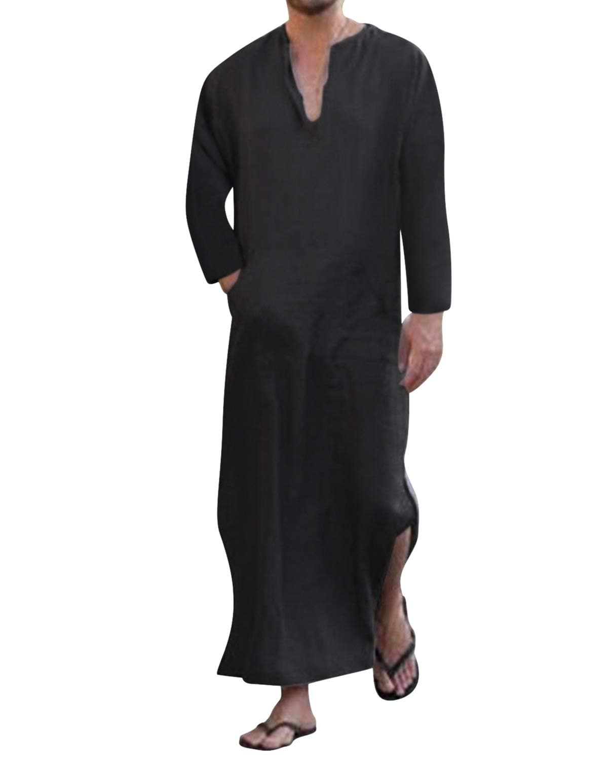 Jacansi Men's V-neck Short Sleeve Robe Side Split Kaftan Cotton Long Gown Thobe S-3XL
