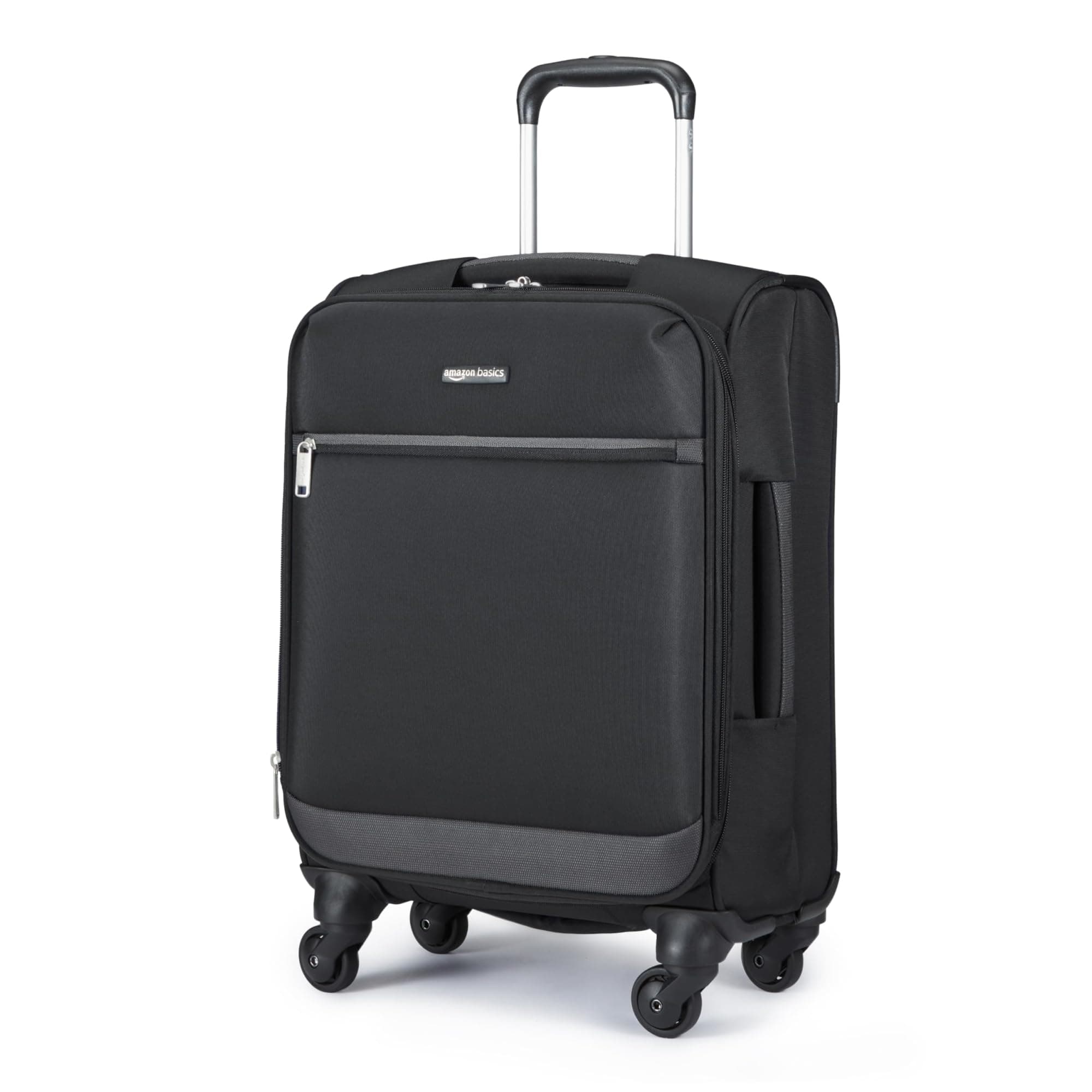 Amazon Basics Luggage, 21" Medium Carry-On Softside Suitcase with Wheels, with Four 360-Degree Multi-Directional Spinner Wheels, Expandable Space, Zippered Pocket and Straps, Telescopic Handle, Black