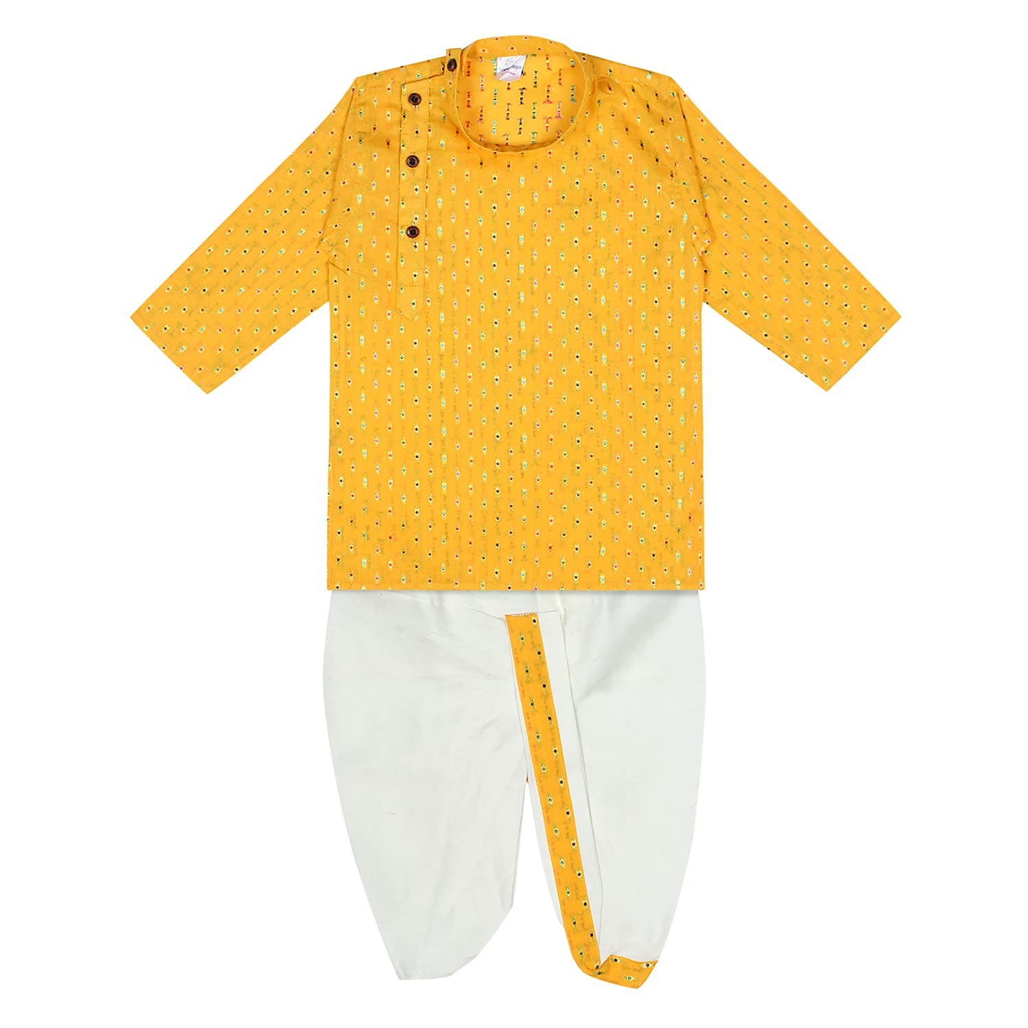 Boy's Cotton Kurta with Dhoti - Golden Thread Work, Side Button Kurta Set for Ethnic Wear
