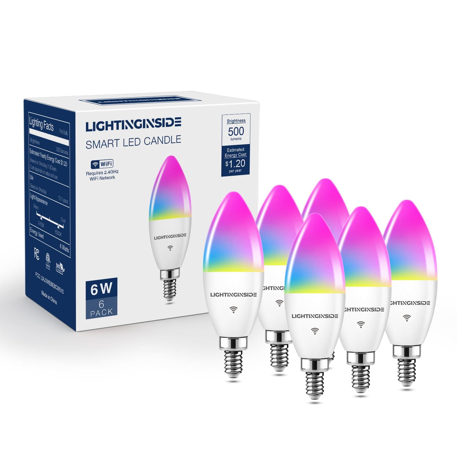 E12 Smart Light Bulbs 60W Equiv., Work with Alexa/Google Home/SmartLife, 500LM 6W RGBCW Candle Candelabra LED Light Bulbs, No Hub Required, 2.4G WiFi Bluetooth Bulb, ETL Listed, 6PCS