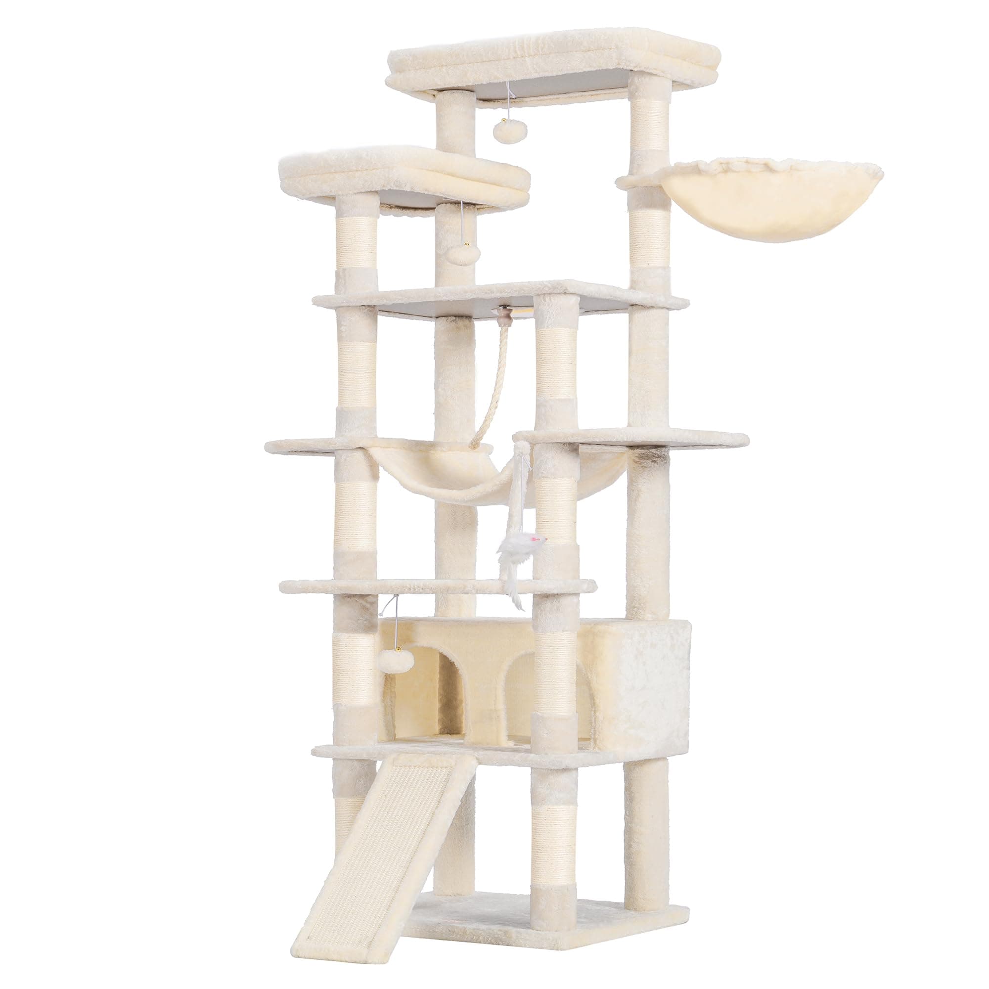 Heybly Tall Cat Tree, 78-inch Multi-Level Cat Tower for Indoor Cats, 2 Widened Plush Perches Cat Condo with Scratching Board and Big Caves, Beige HCT033M
