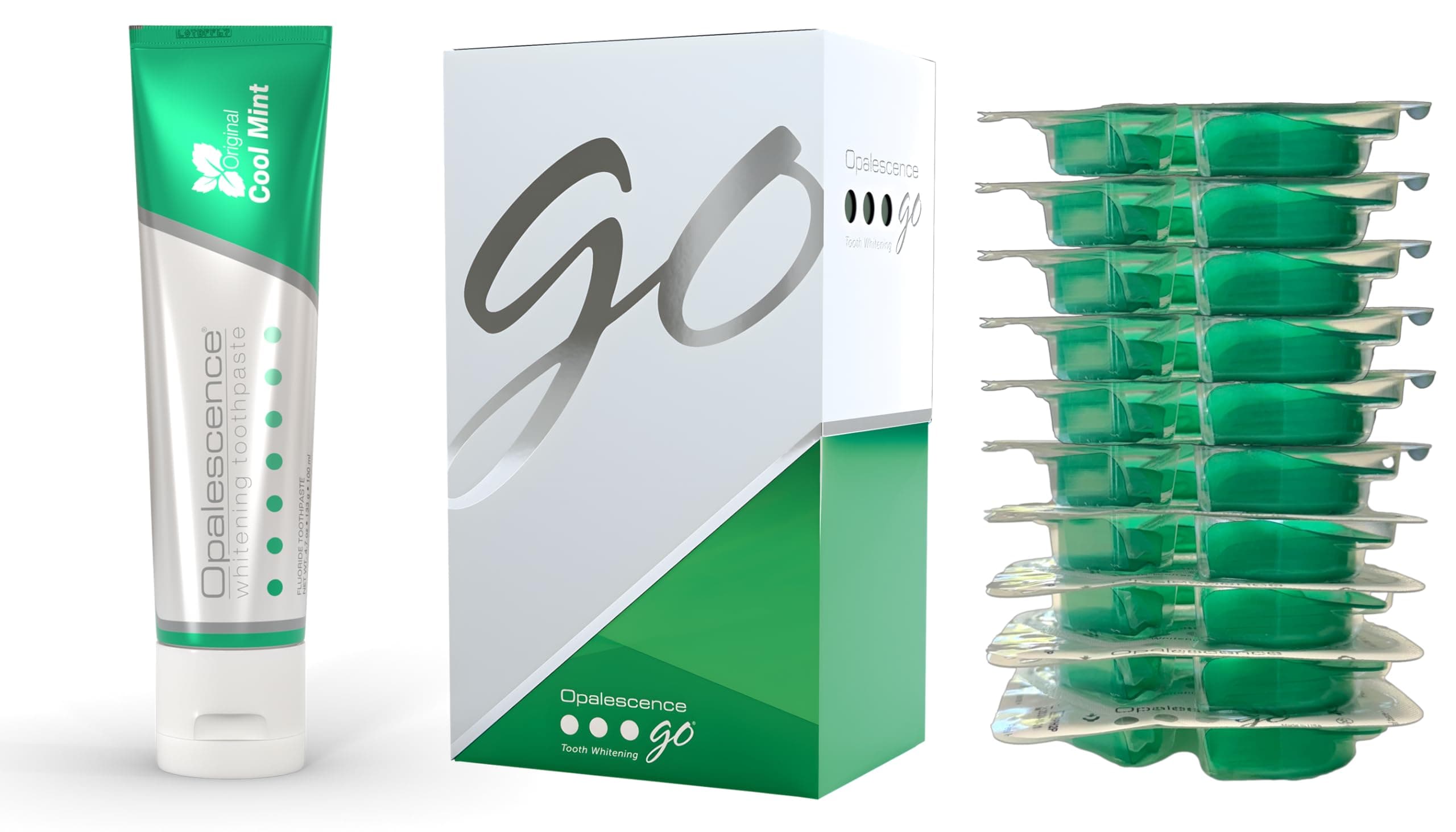 Opalescence GO Teeth Whitening Prefilled Trays with Toothpaste Bundle (10 Trearments) 15% Hydrogen Peroxide Gel Plus Opalescence Whitening Toothpaste 4.7 Onz - Original Mint Flavor 5194-5166