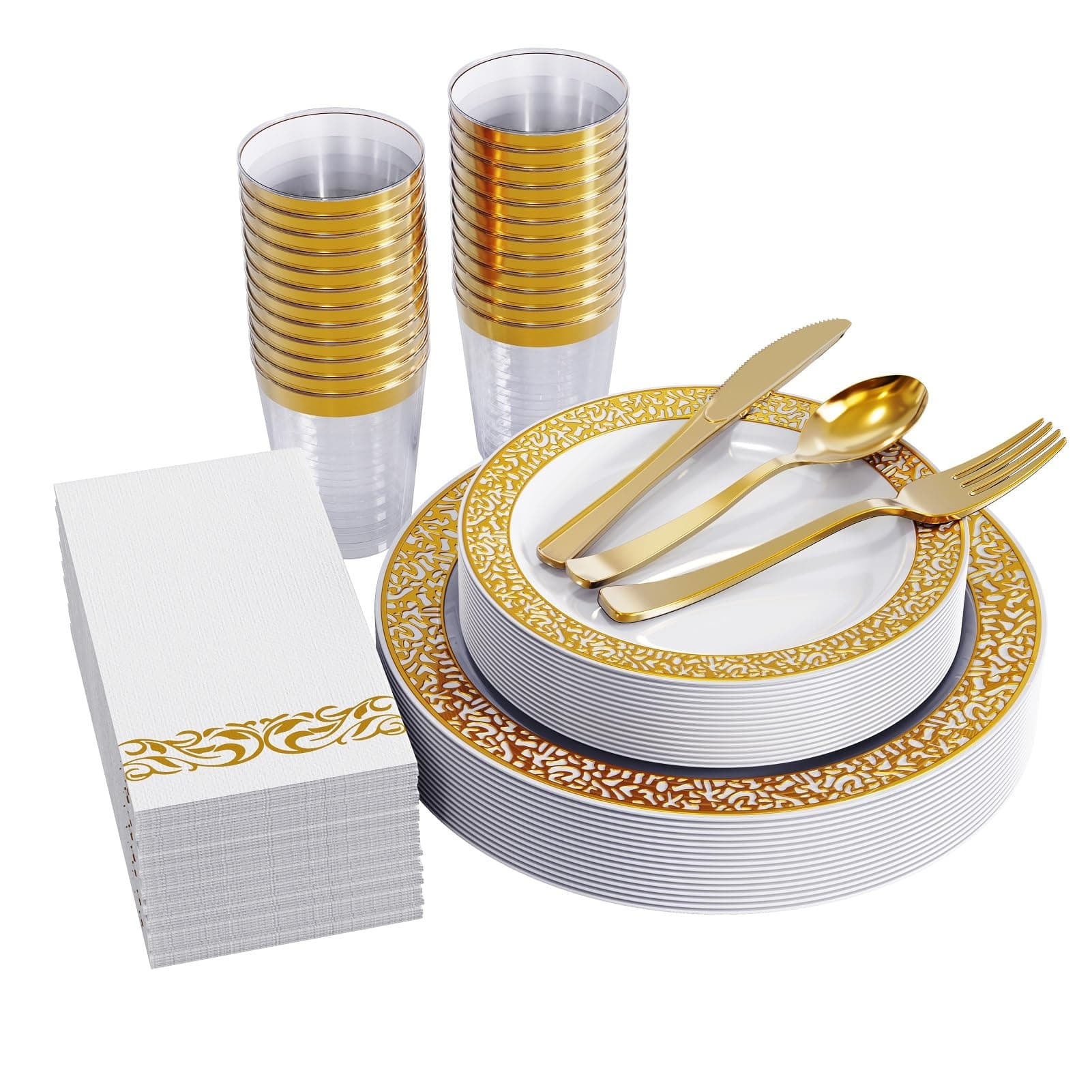 FOCUSLINE 175 Ct Gold Dinnerware Set for 25 Guests, Plastic Plates with Gold Lace Rim Design, Including 25 Disposable Dinner & Dessert Plates, Cups, Napkins, Cutlery Set