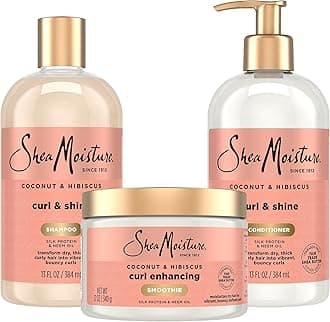 SHEA MOISTURE Shampoo and Conditioner Set, Coconut and Hibiscus Curl & Shine 13-oz ea Bundled with Curl Enhancing Smoothie 12-oz. Curly Hair Products with Coconut Oil, Vitamin E & Neem Oil